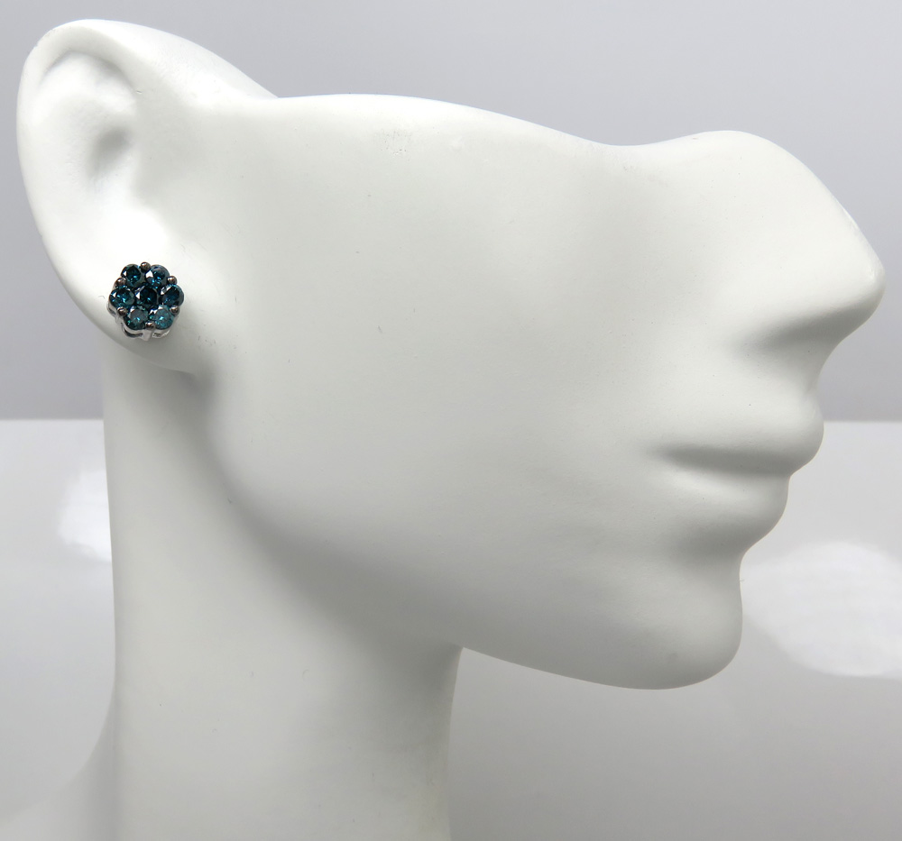 14k solid gold blue diamond 7mm cluster earrings 1.00ct