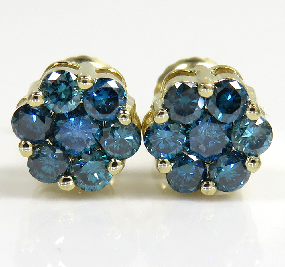 14k solid gold blue diamond 7mm cluster earrings 1.00ct