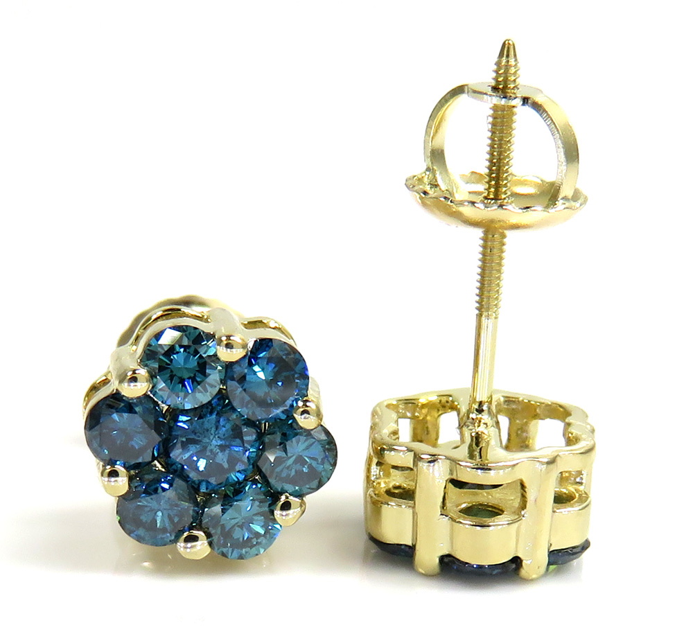 14k solid gold blue diamond 7mm cluster earrings 1.00ct