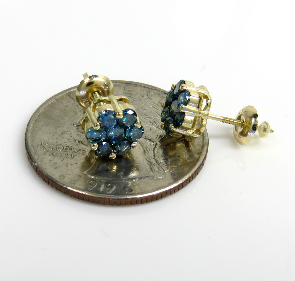 14k solid gold blue diamond 7mm cluster earrings 1.00ct