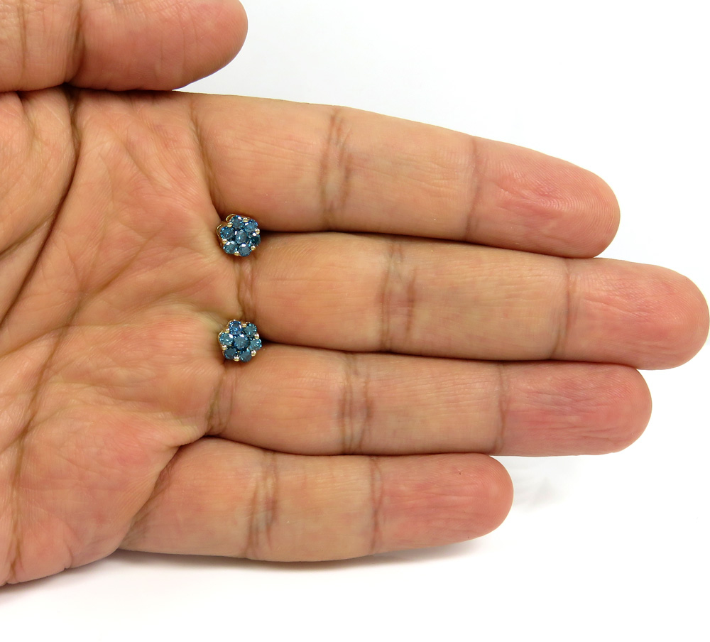 14k solid gold blue diamond 7mm cluster earrings 1.00ct - Image 9