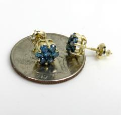 14k solid gold blue diamond 7mm cluster earrings 1.00ct