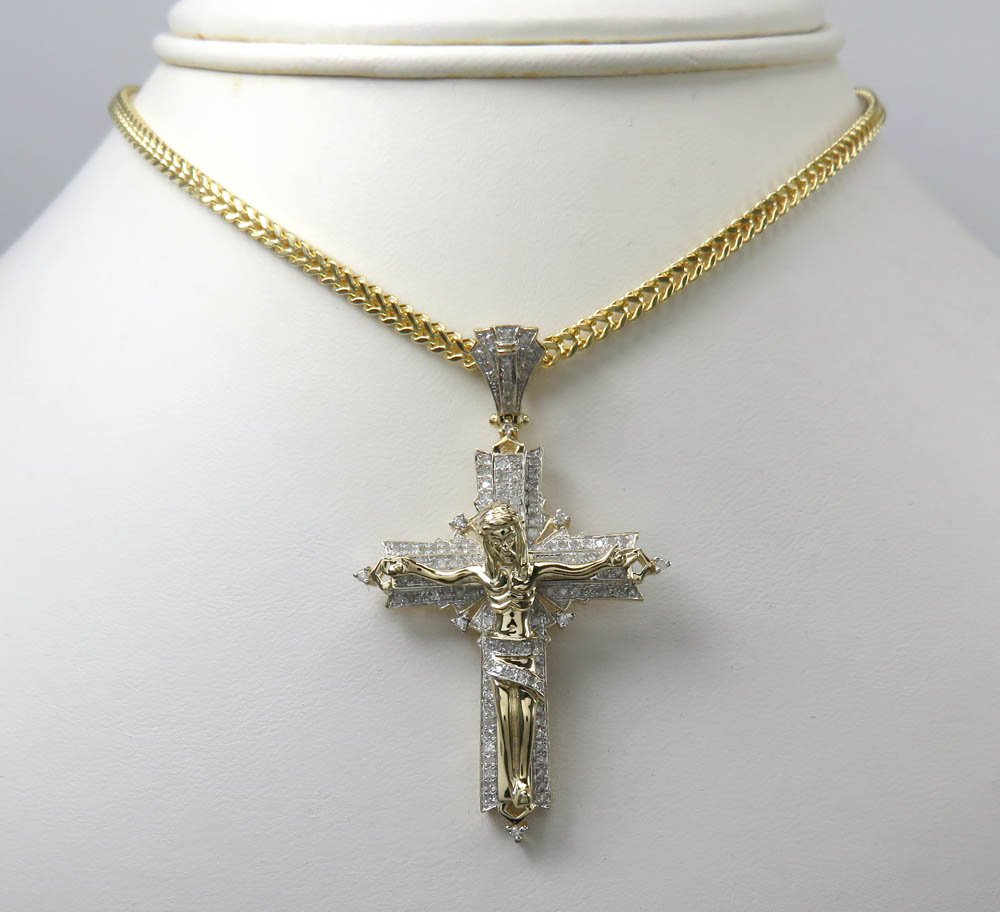 14k yellow gold fancy diamond jesus cross 0.75ct