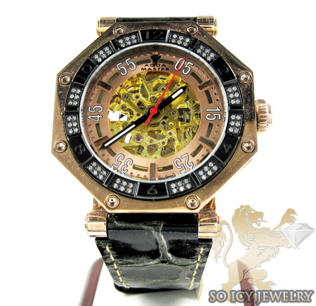 Mens aqua mater black & rose steel automatic diamond octagon watch 1.00ct