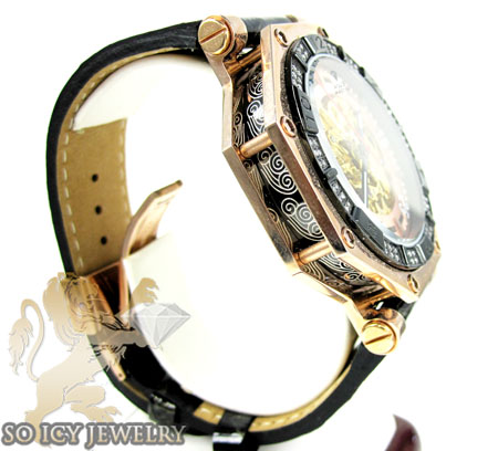 Mens aqua mater black & rose steel automatic diamond octagon watch 1.00ct