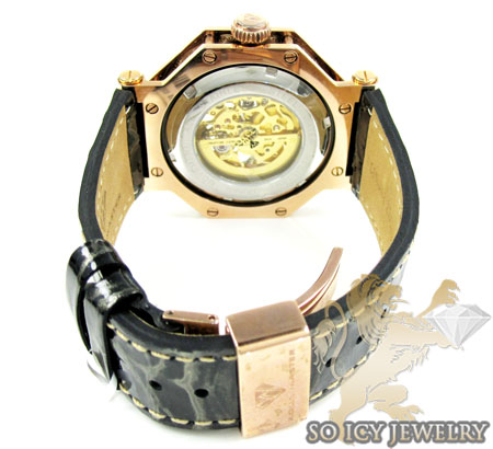Mens aqua mater black & rose steel automatic diamond octagon watch 1.00ct
