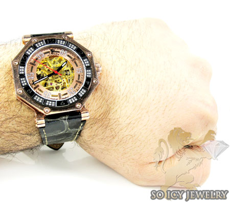 Mens aqua mater black & rose steel automatic diamond octagon watch 1.00ct