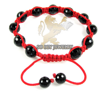 Macramé black onyx faceted bead red rope bracelet