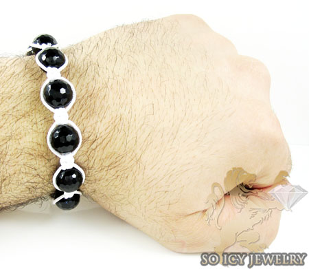 Macramé black onyx faceted bead white rope bracelet 