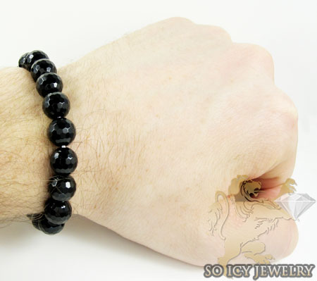 Macramé black onyx faceted bead white rope bracelet 