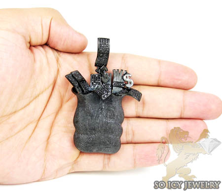 Mens black sterling silver diamond money bag pendant 1.75ct
