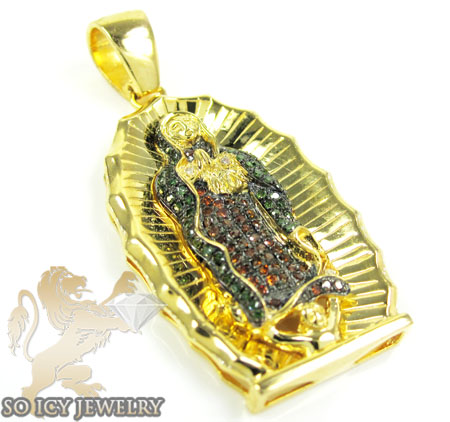 Yellow sterling silver red & green diamond virgin mary pendant 0.50ct