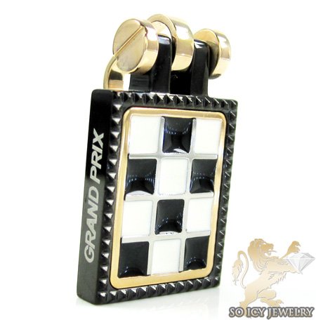 Mens baraka 18k gold & black stainless steel checkered grand prix pendant