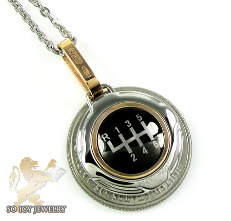 Mens baraka 18k rose gold & white stainless steel gear box grand prix pendant