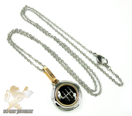 Mens baraka 18k rose gold & white stainless steel gear box grand prix pendant