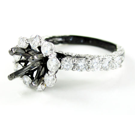 Ladies 14k black gold white & black diamond semi mount ring 2.00ct