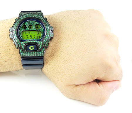 Mens green cz dw-6900 black stainless steel g-shock watch 5.00ct