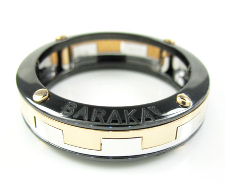 Mens baraka 18k white & rose gold black ceramic wedding band screw ring