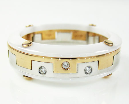 Mens baraka diamond 18k white & rose gold white ceramic wedding band screw ring 0.04ct