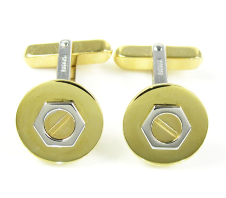 Mens baraka 18k yellow & white gold round screw cufflinks - Image 2