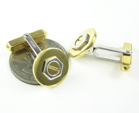 Mens baraka 18k yellow & white gold round screw cufflinks - Image 4