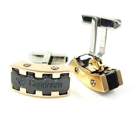 Mens baraka 18k rose & white gold & black ceramic capricorn cufflinks - Image 2