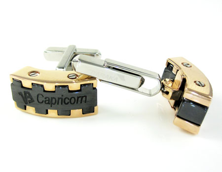 Mens baraka 18k rose & white gold & black ceramic capricorn cufflinks