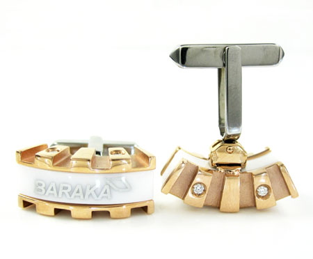 Mens baraka 18k rose & white gold & white ceramic diamond cufflinks 0.16ct