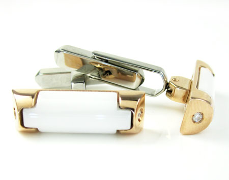 Mens baraka 18k rose & white gold & white ceramic diamond cufflinks 0.08ct