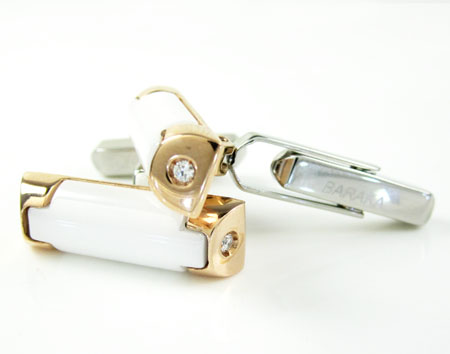 Mens baraka 18k rose & white gold & white ceramic diamond cufflinks 0.08ct - Image 3