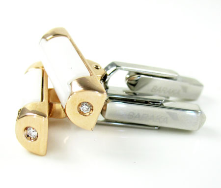 Mens baraka 18k rose & white gold & white ceramic diamond cufflinks 0.08ct
