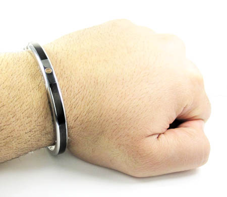 Mens baraka 18k rose gold & white stainless steel black rubber bracelet - Image 5