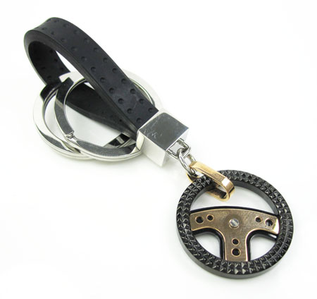 18k solid rose gold & white steel rubber grand prix steering wheel key chain - Image 2