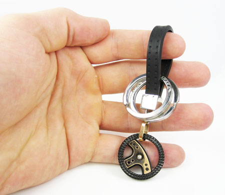 18k solid rose gold & white steel rubber grand prix steering wheel key chain - Image 4