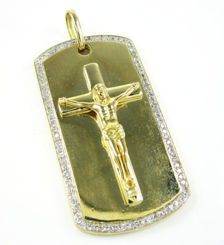 Mens 10k gold diamond jesus cross dog tag pendant 0.55ct