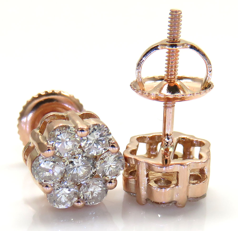 7mm 14k white, yellow, rose gold diamond cluster earrings 1.00ct