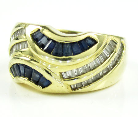 Ladies 14k yellow gold baguette blue sapphire & diamond cocktail ring 1.50ct