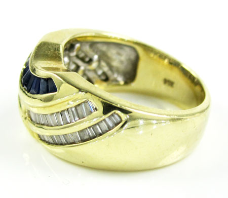 Ladies 14k yellow gold baguette blue sapphire & diamond cocktail ring 1.50ct