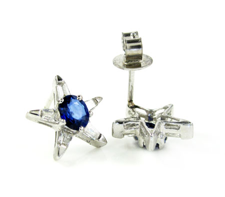 Ladies 18k white gold blue sapphire diamond star earrings 1.07ct