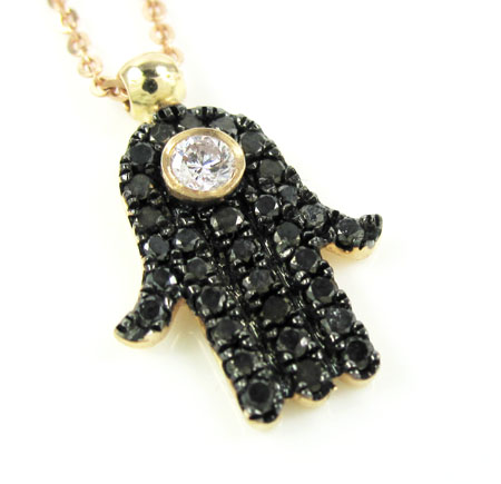 Ladies 14k solid rose gold black diamond hamsa pendant with chain 0.47ct