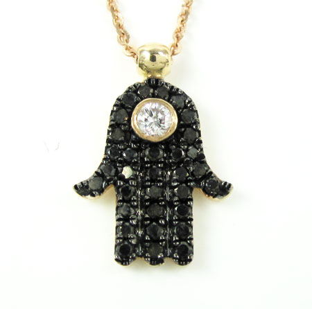 Ladies 14k solid rose gold black diamond hamsa pendant with chain 0.47ct