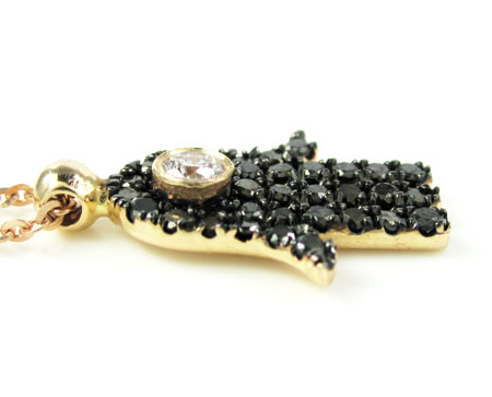 Ladies 14k solid rose gold black diamond hamsa pendant with chain 0.47ct