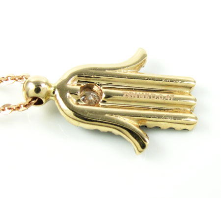 Ladies 14k solid rose gold black diamond hamsa pendant with chain 0.47ct
