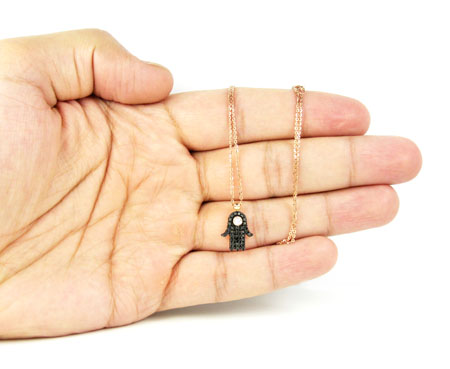 Ladies 14k solid rose gold black diamond hamsa pendant with chain 0.47ct - Image 9