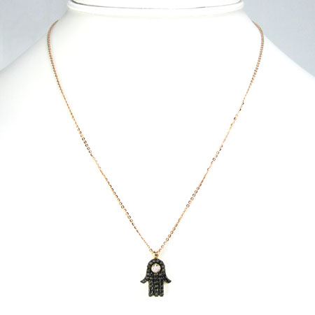 Ladies 14k solid rose gold black diamond hamsa pendant with chain 0.47ct