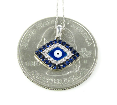 Ladies 14k solid white gold blue & white diamond evil eye pendant with chain 0.30ct