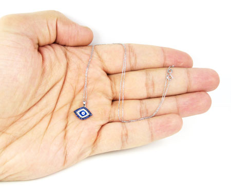 Ladies 14k solid white gold blue & white diamond evil eye pendant with chain 0.30ct