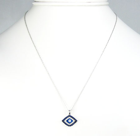 Ladies 14k solid white gold blue & white diamond evil eye pendant with chain 0.30ct