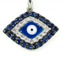 Ladies 14k solid white gold blue & white diamond evil eye pendant with chain 0.30ct