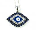 Ladies 14k solid white gold blue & white diamond evil eye pendant with chain 0.30ct
